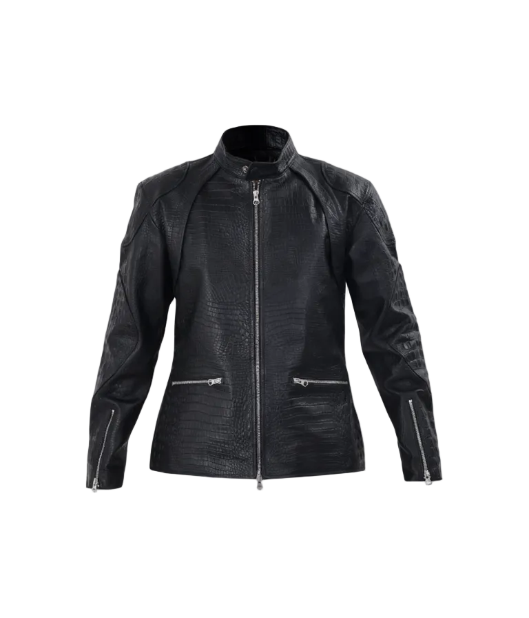 Black leather jacket with zippers on a white background