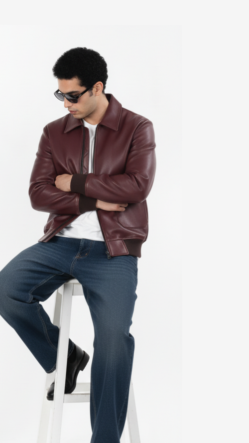 Burgundy Bomber Leather Jacket