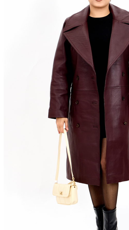 Burgundy Lambskin Leather Double-Breasted coat