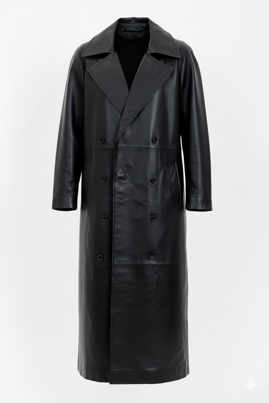 Women's Black  Double-Breasted Leather Trench | Architectural Grace