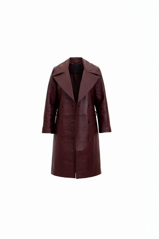 Women’s Burgundy Lambskin Leather Double-Breasted coat | Timeless Power