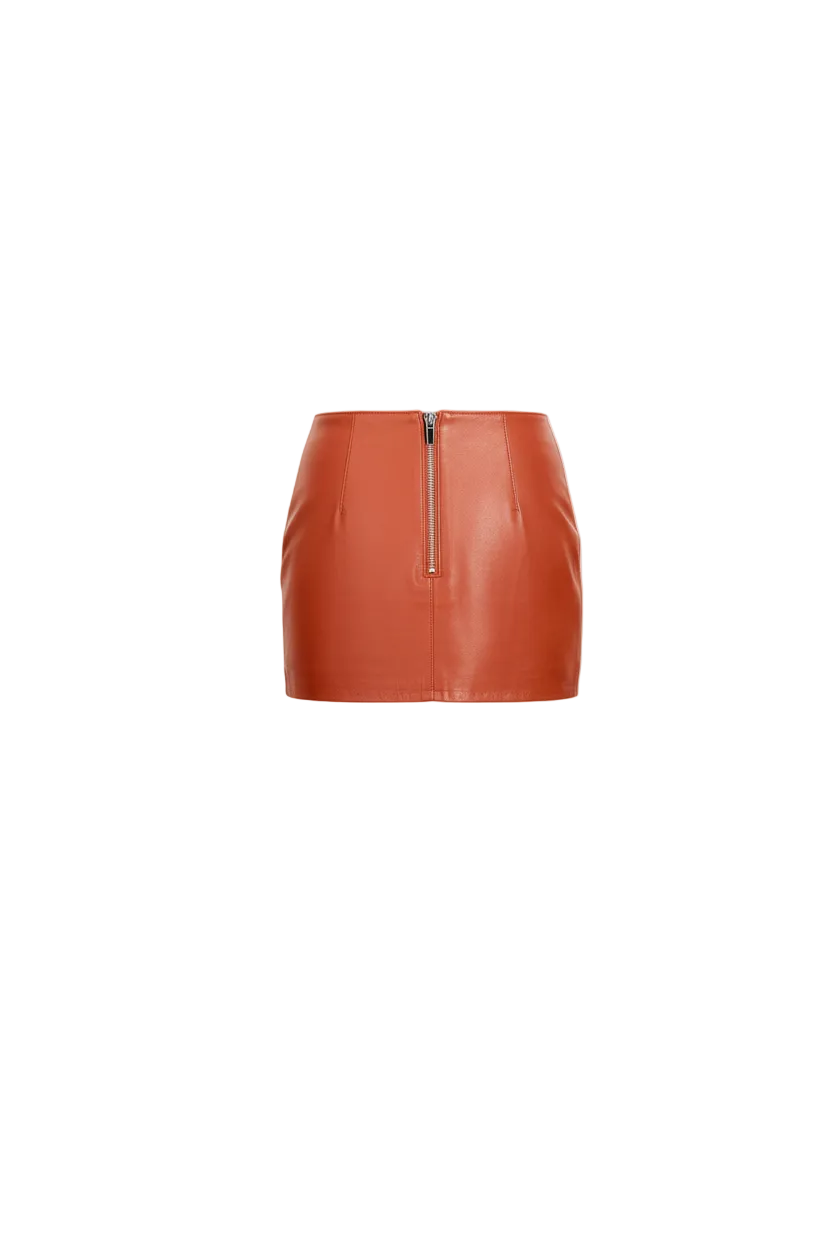 Brown leather skirt with a zipper on a white background