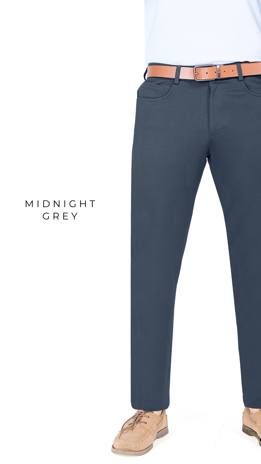 Midnight grey pants with a white shirt and brown shoes on a white background