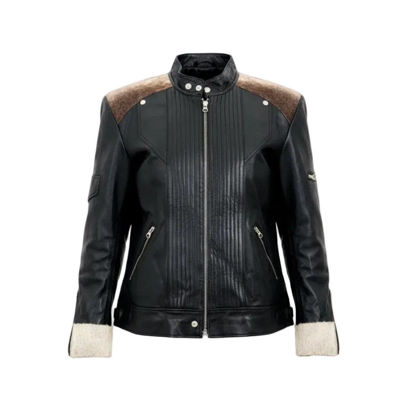 Black leather jacket with brown fur accents on a white background